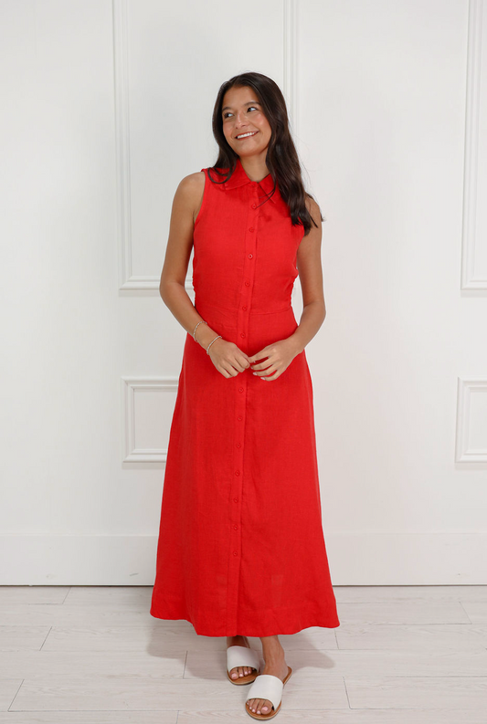 Red Linen Collared Midi Dress