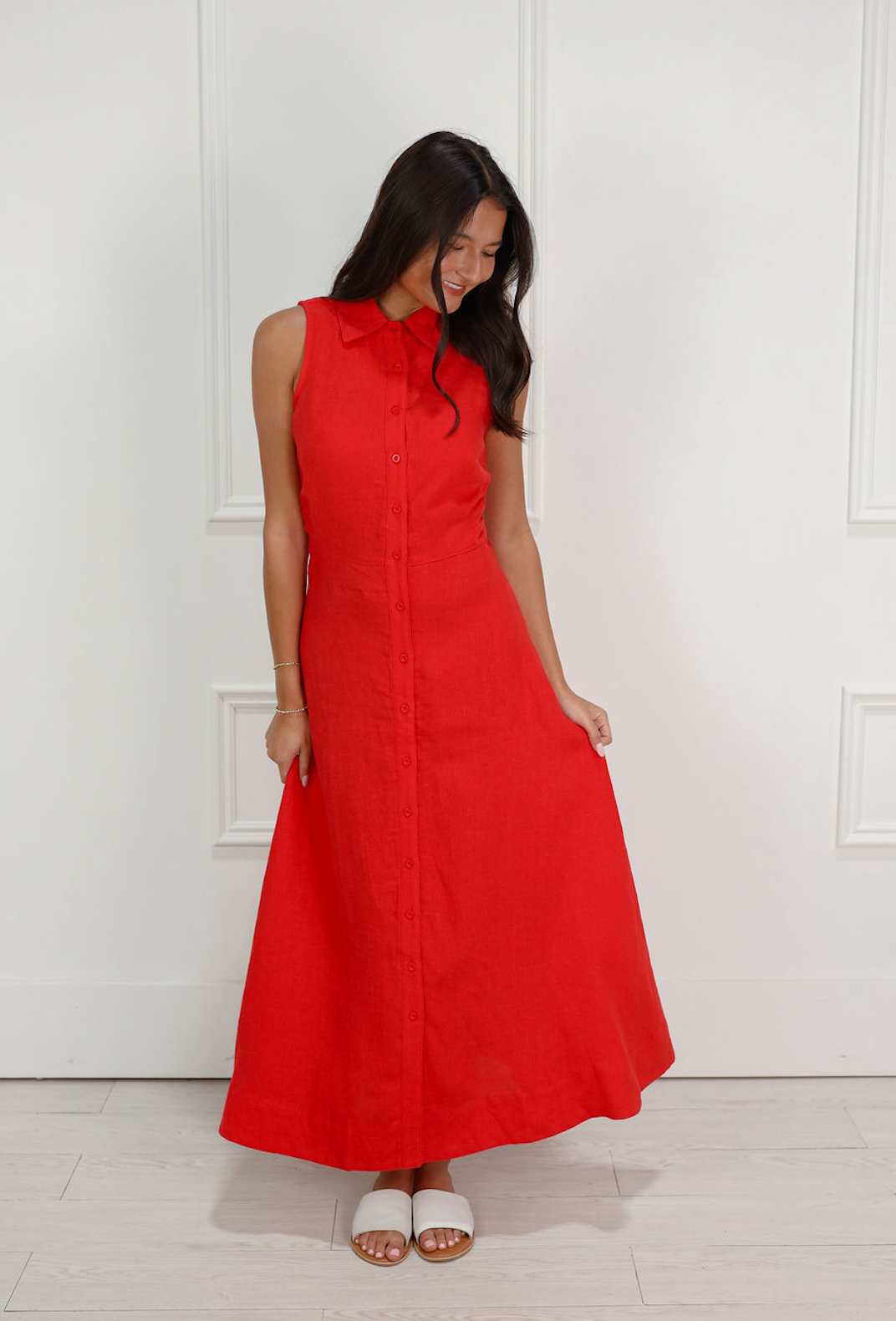 Red Linen Collared Midi Dress