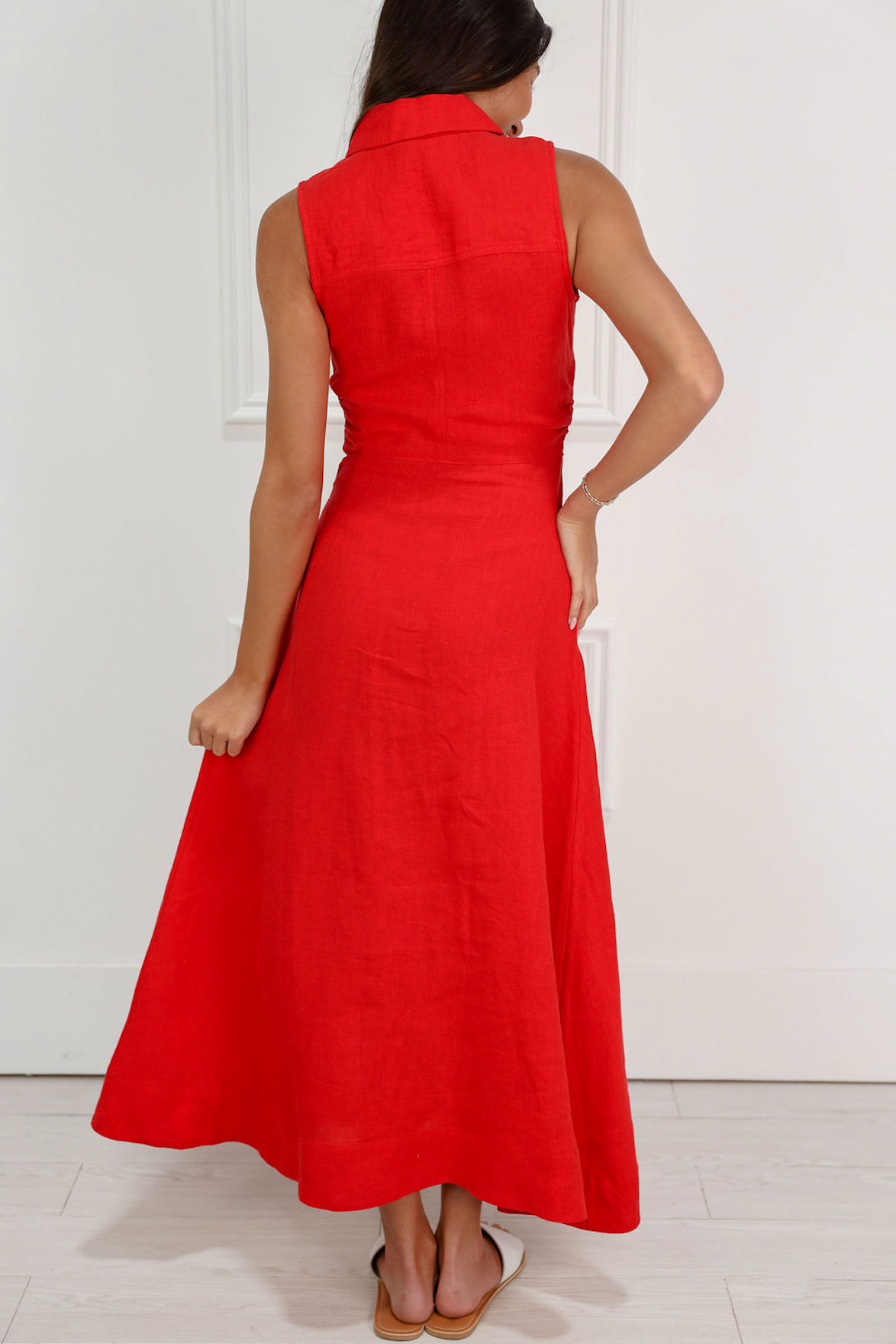 Red Linen Collared Midi Dress