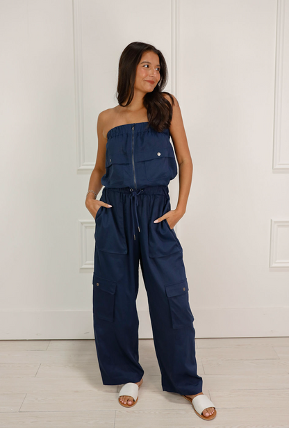 Navy Cargo Strapless Jumpsuit