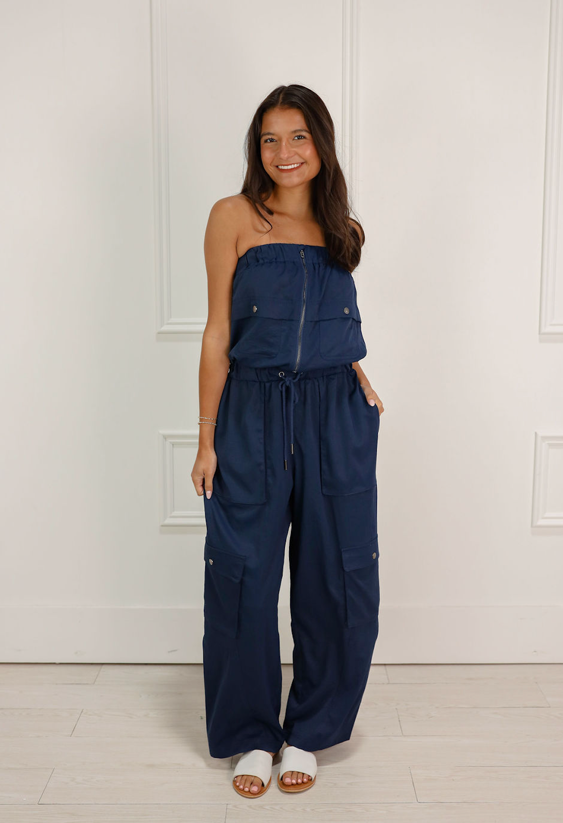 Navy Cargo Strapless Jumpsuit
