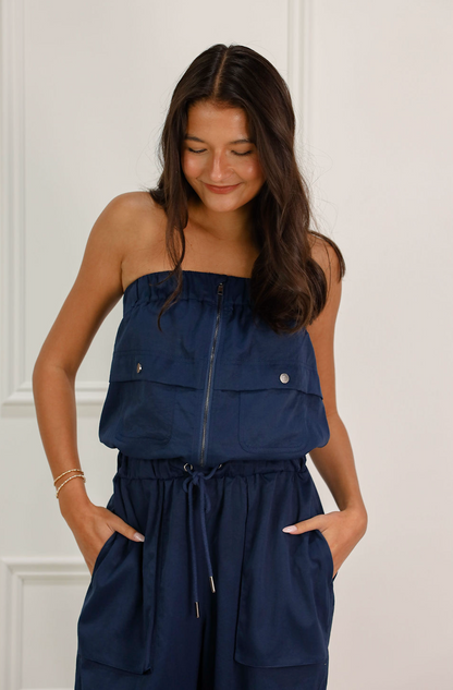 Navy Cargo Strapless Jumpsuit