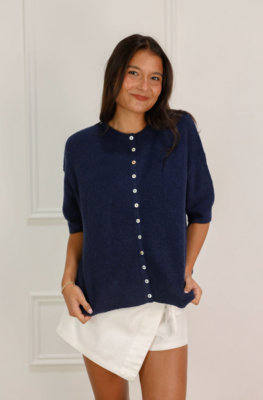 Navy Ribbed Button Down Cardi