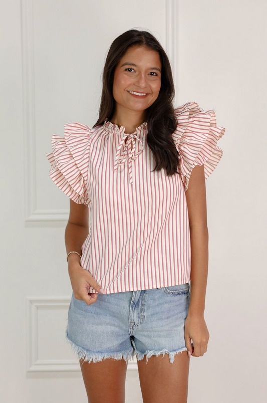 Striped Blouse w/ Frill Sleeve