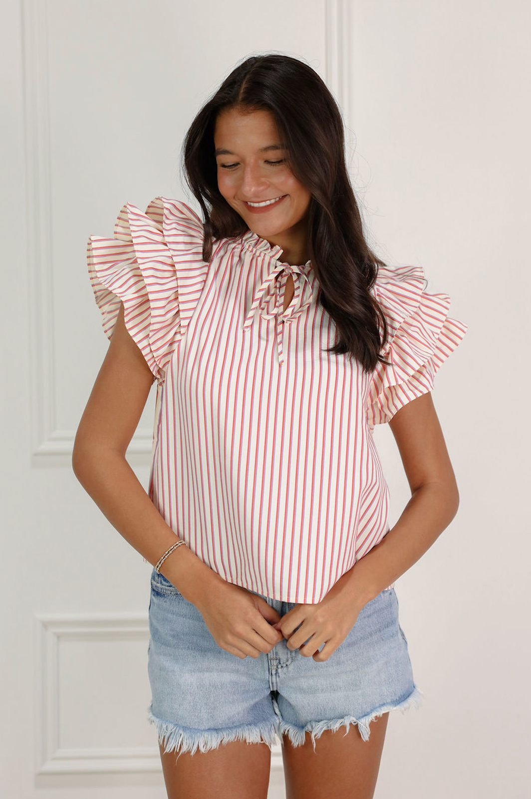 Striped Blouse w/ Frill Sleeve