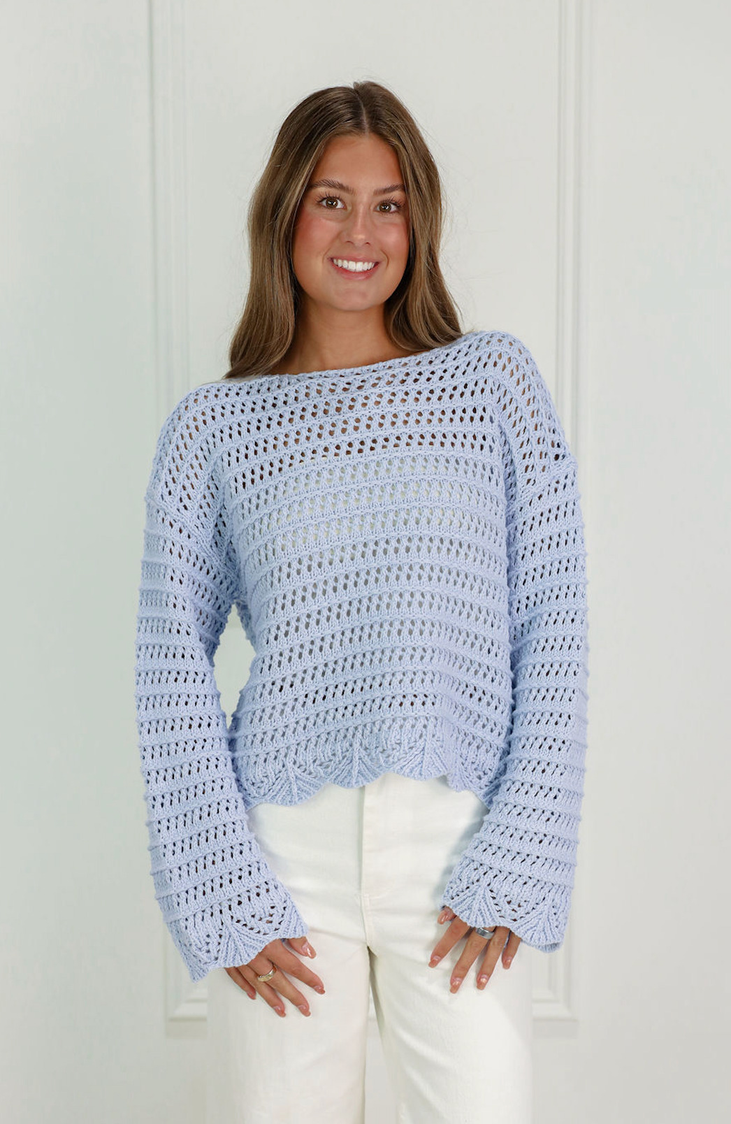 Blue Boatneck Open Knit Sweater