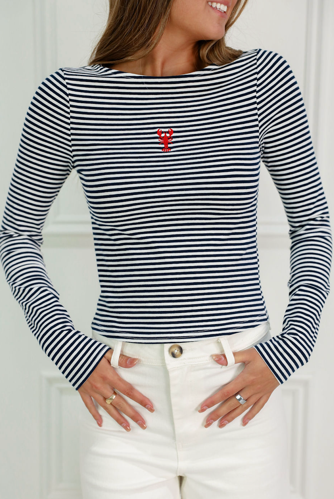Navy Stripe Lobster Long Sleeve Top