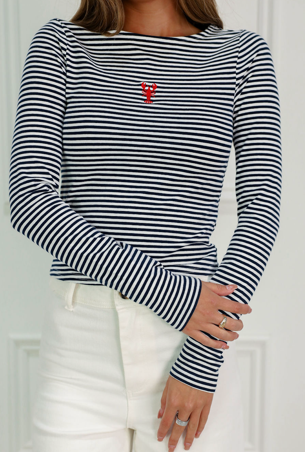Navy Stripe Lobster Long Sleeve Top