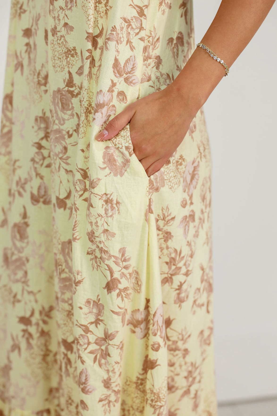 Pale Yellow Floral Midi Dress
