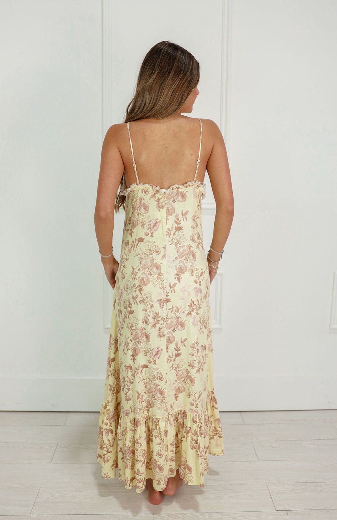 Pale Yellow Floral Midi Dress