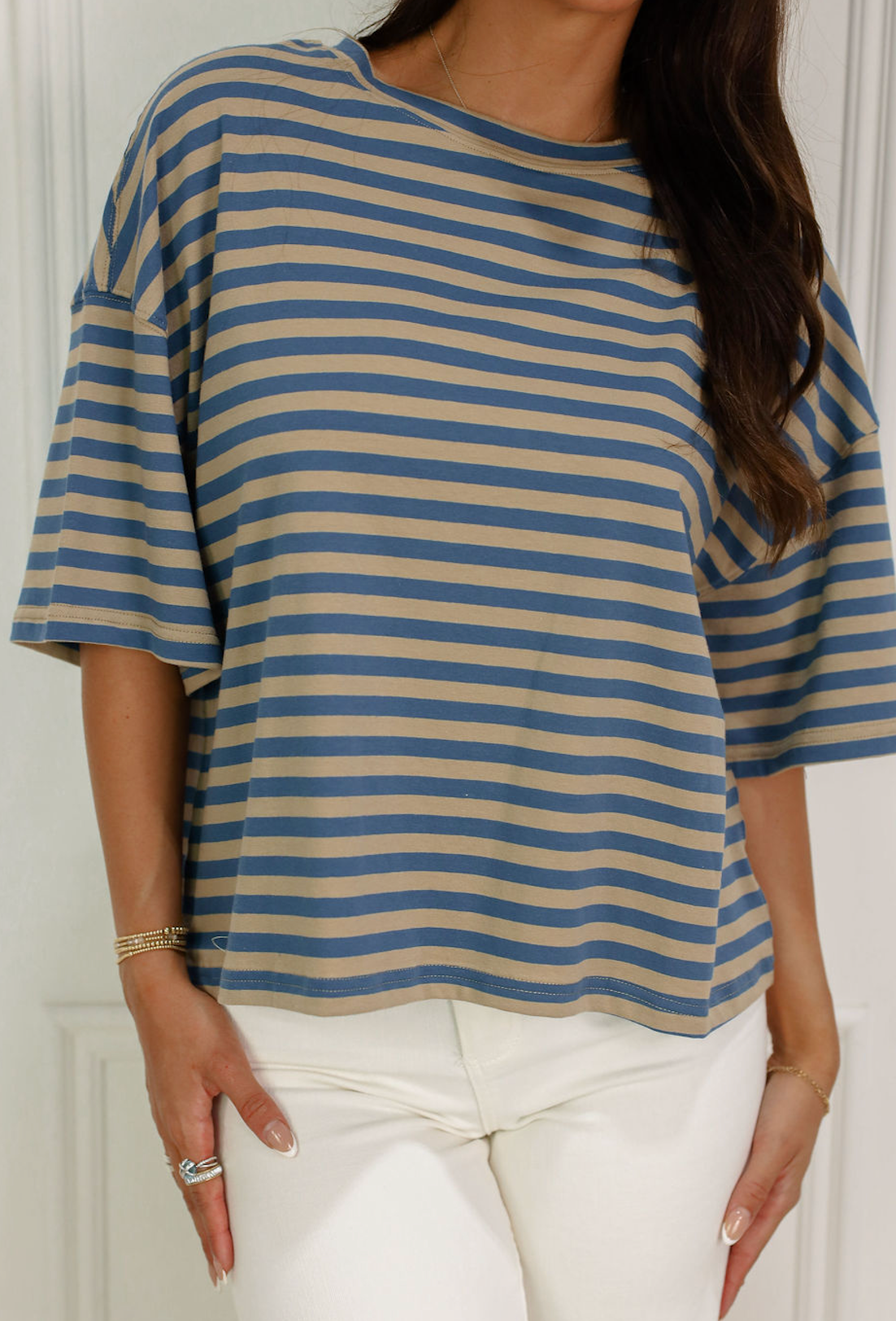 Oversized Boyfriend Stripe Tee Tan/Navy - Clothe Boutique