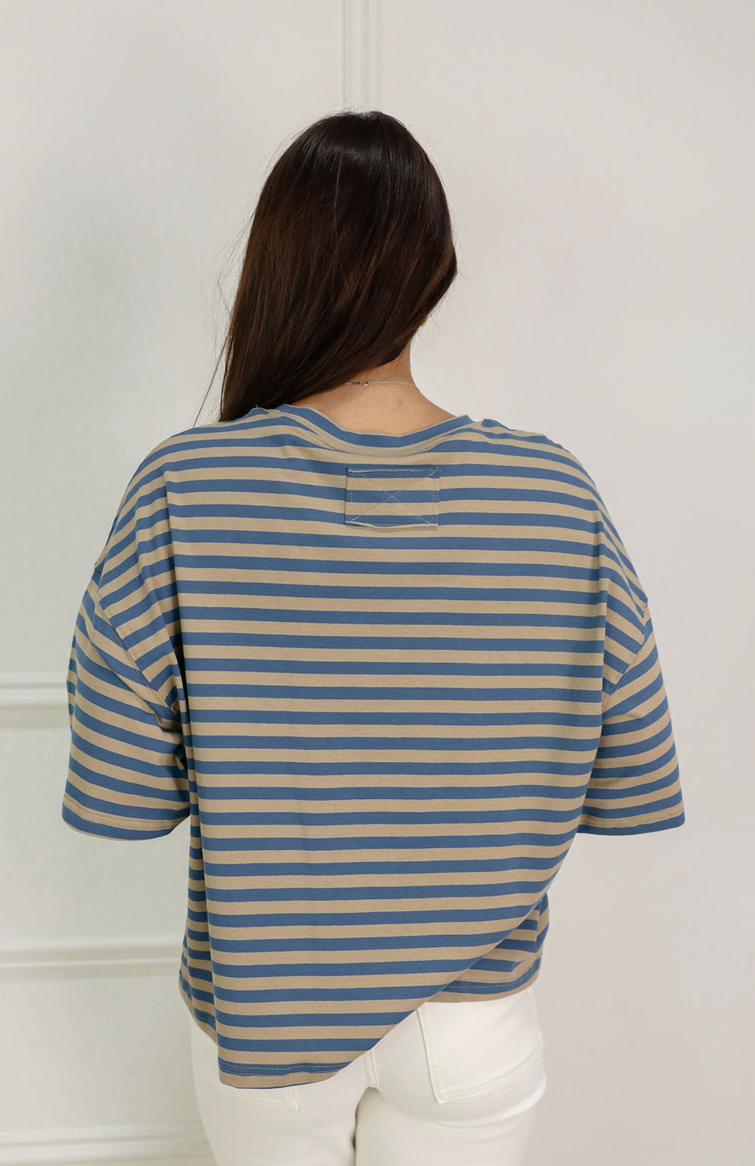 Oversized Boyfriend Stripe Tee Tan/Navy - Clothe Boutique