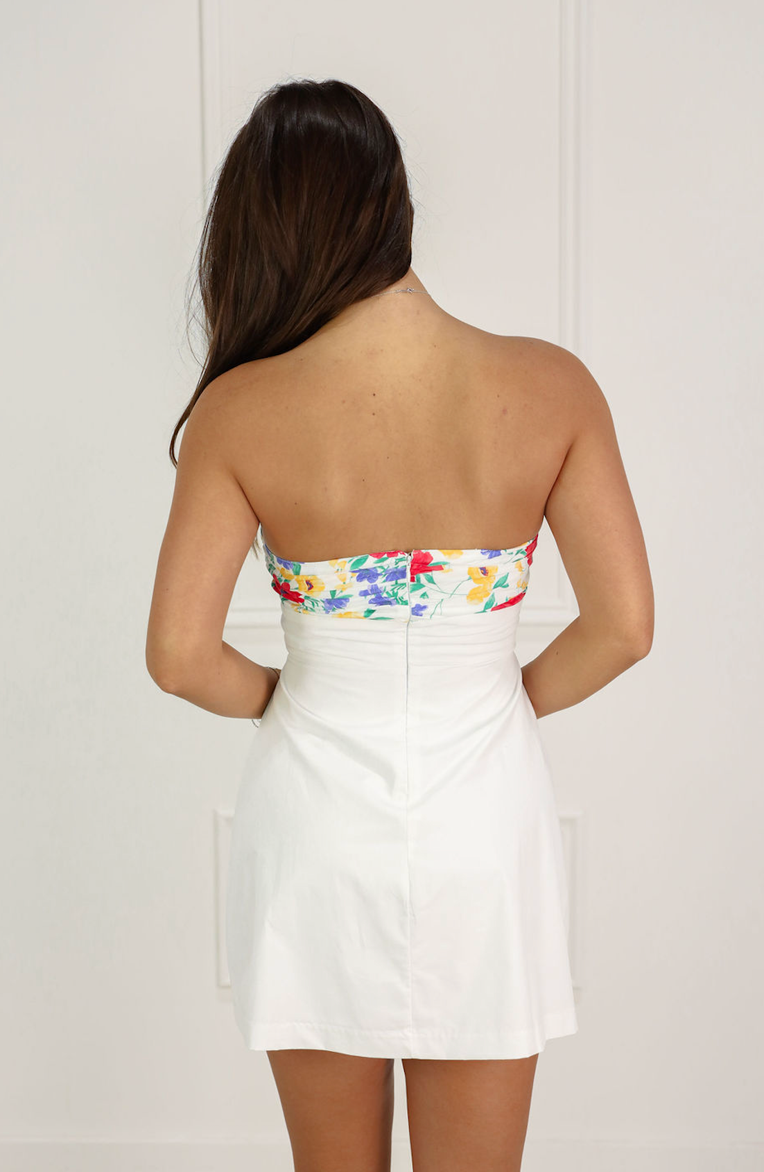 Floral Tie Strapless White Dress