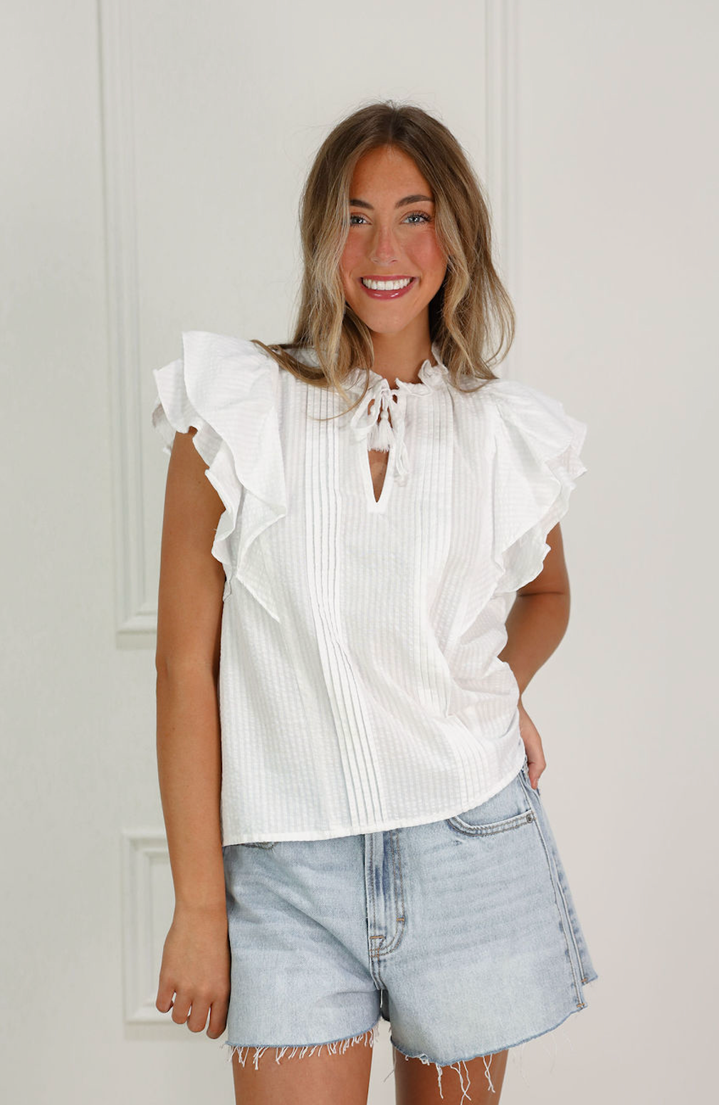 Denisse Pintuck Ruffle Blouse White