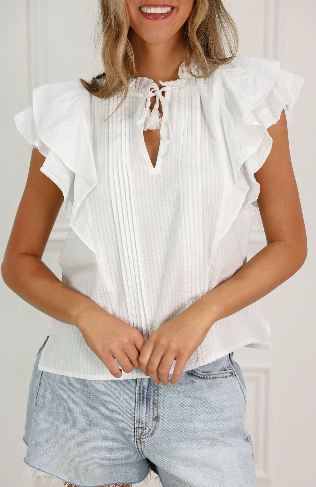 Denisse Pintuck Ruffle Blouse White