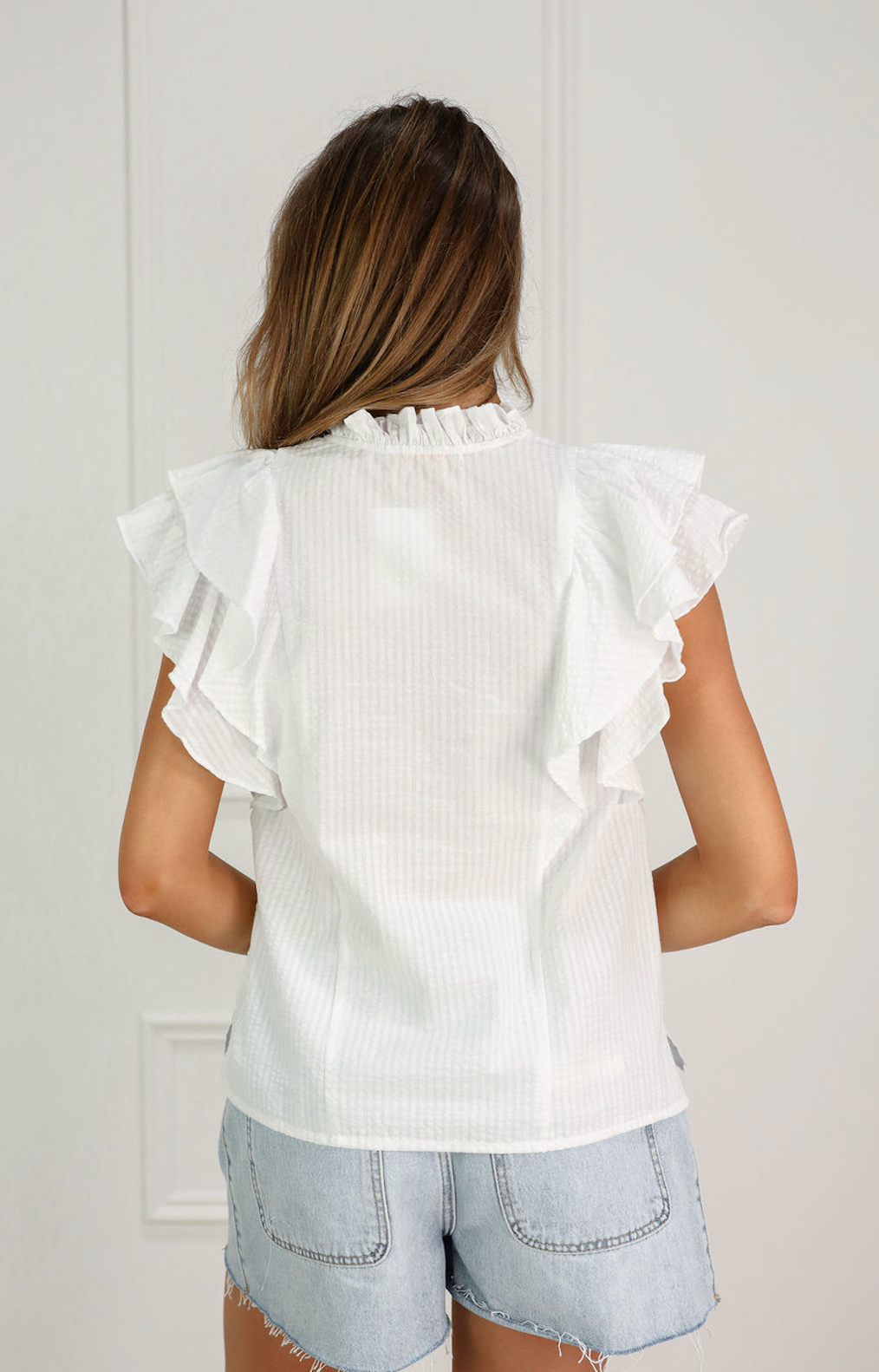 Denisse Pintuck Ruffle Blouse White