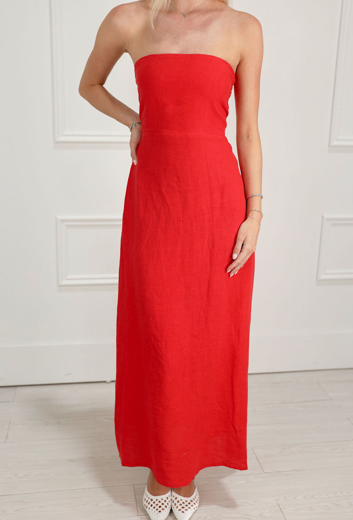 Linen Strapless Maxi Dress Red