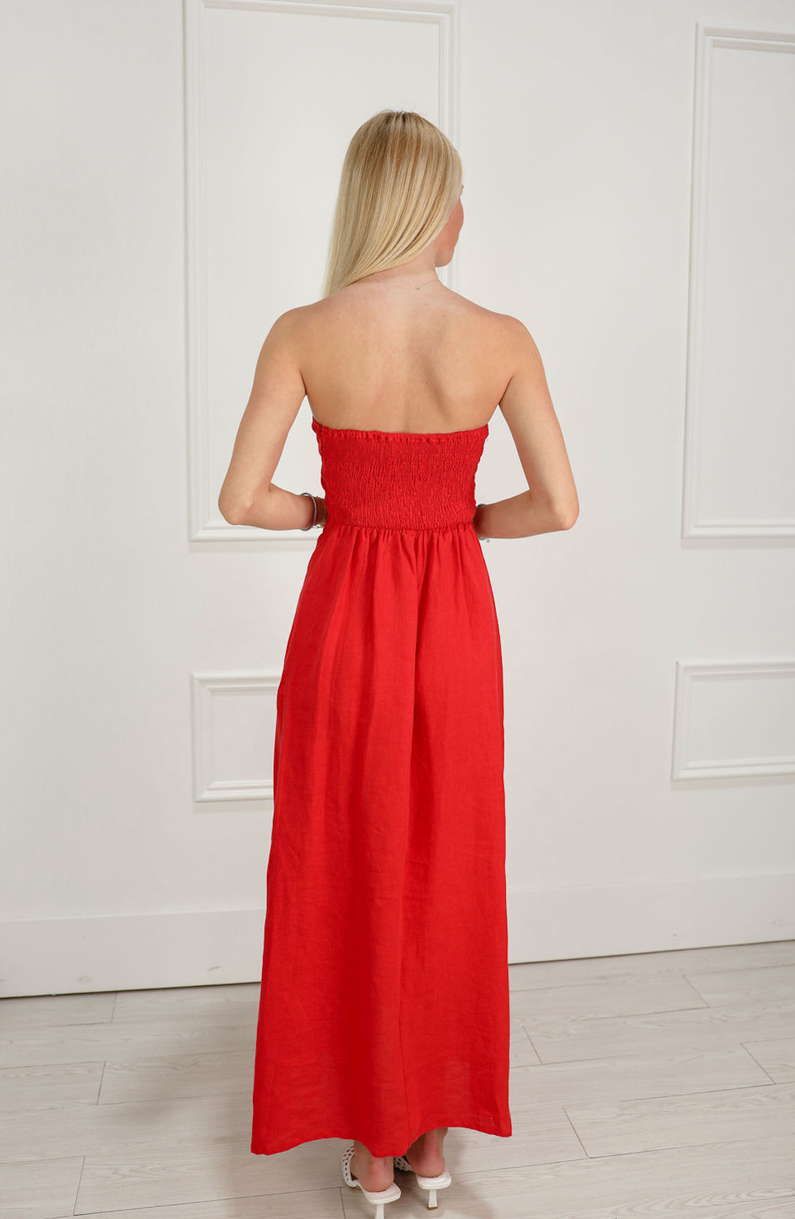 Linen Strapless Maxi Dress Red