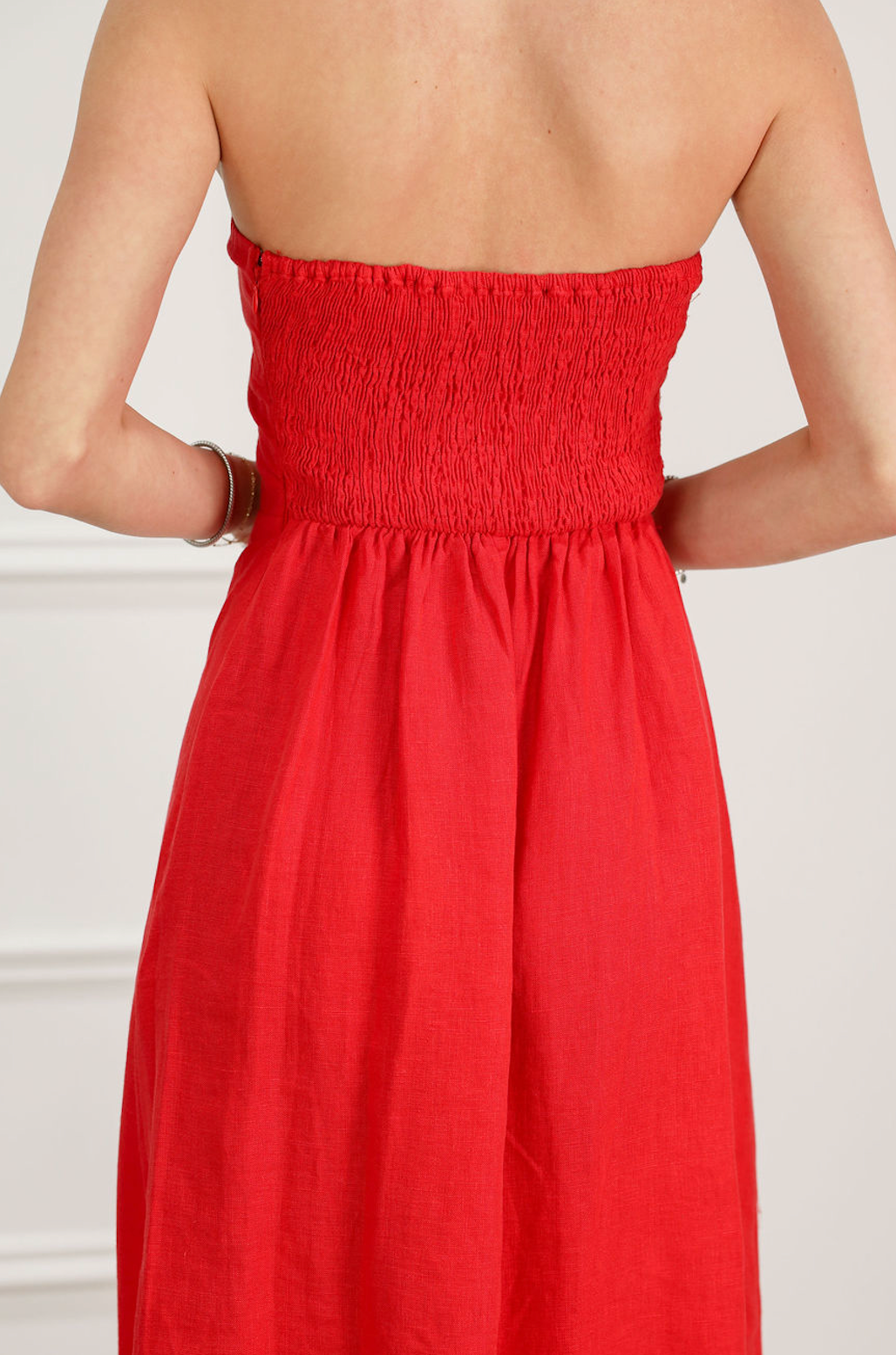 Linen Strapless Maxi Dress Red