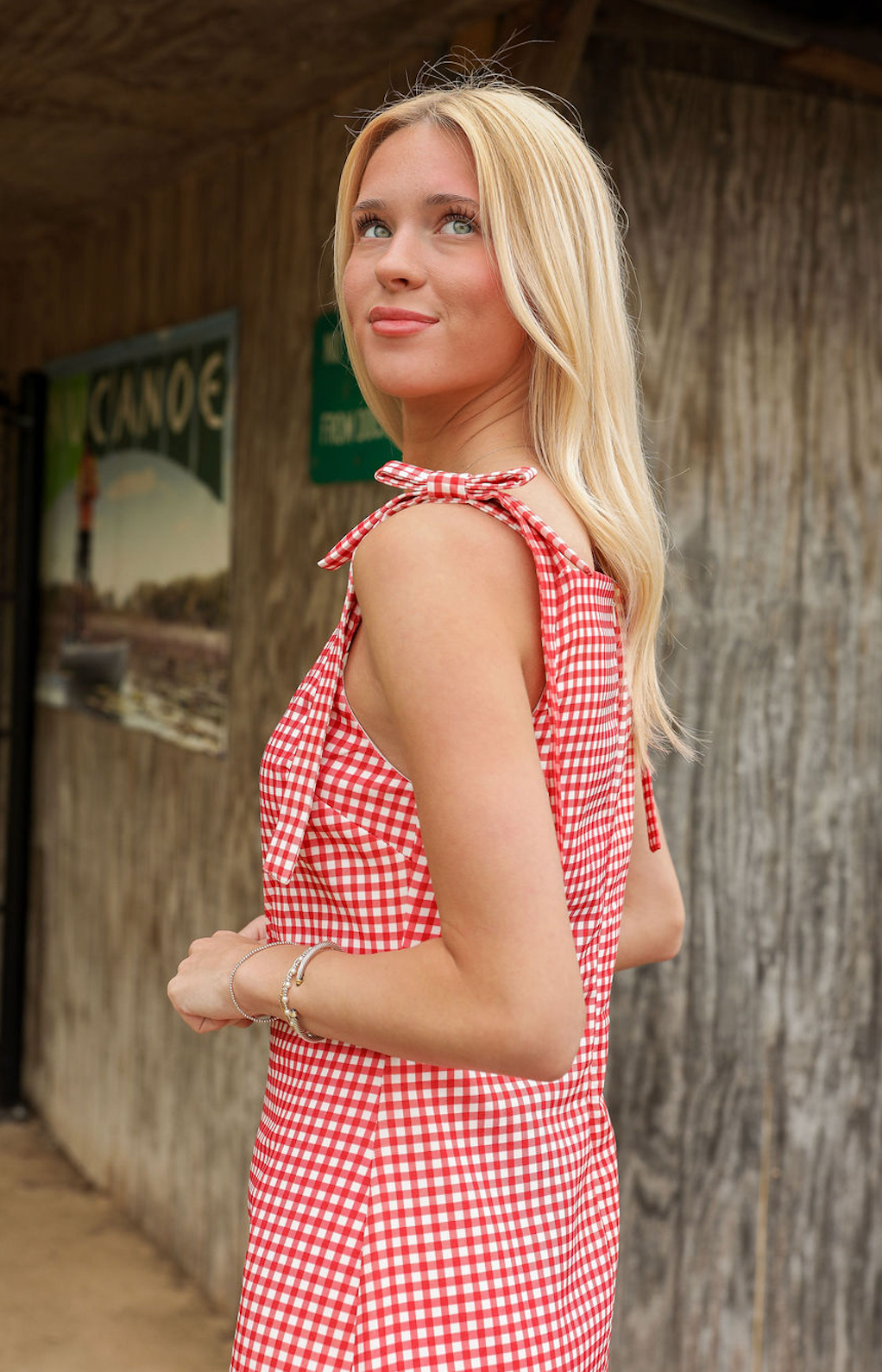 Red Gingham Shoulder Tie Dress