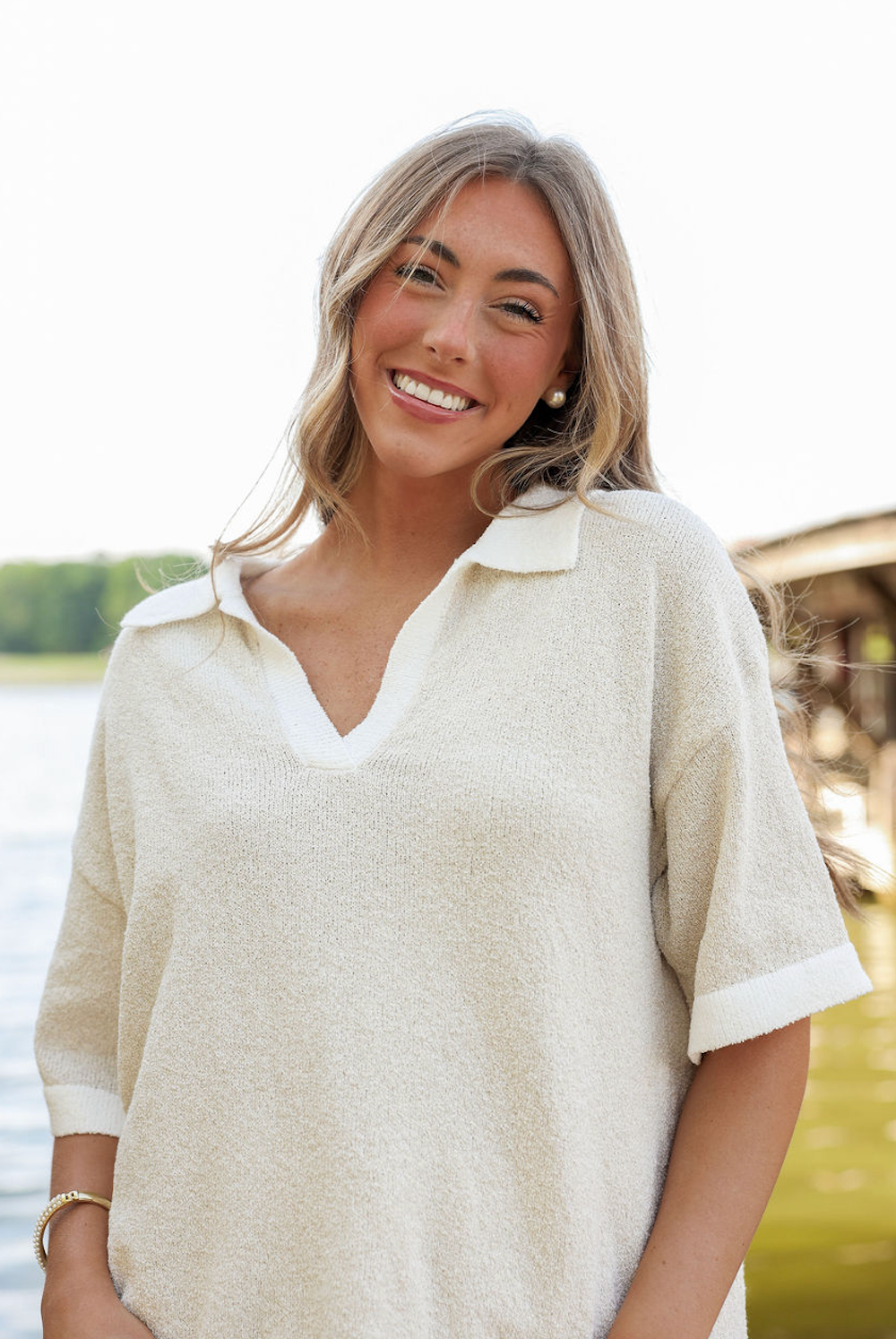 Contrast Knit Top & Shorts Set Of 2 Cream