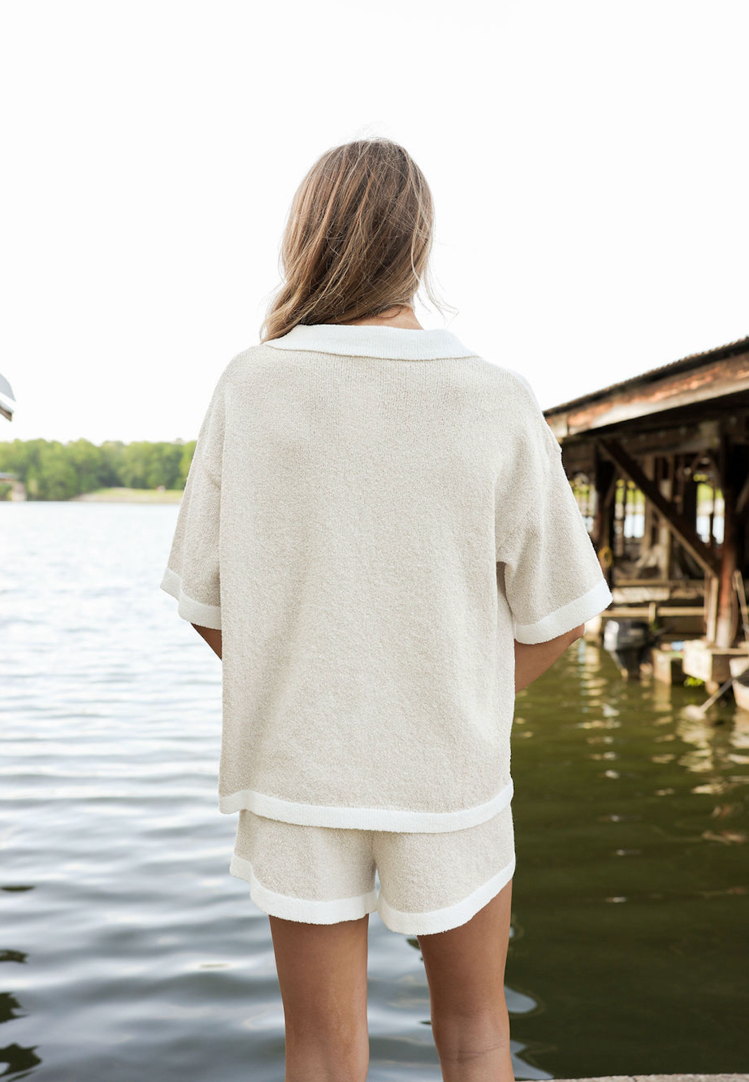 Contrast Knit Top & Shorts Set Of 2 Cream