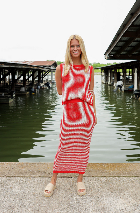 Stripe Sweater Top & Maxi Skirt Set Of 2 Red