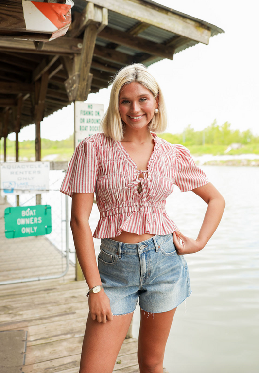 Red Stripe Tie Front Top - Clothe Boutique