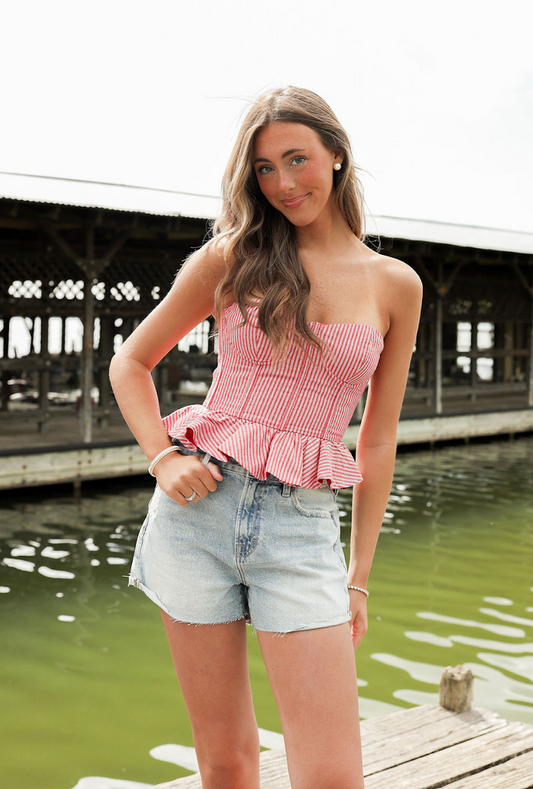 Stripe Strapless Peplum Top Red
