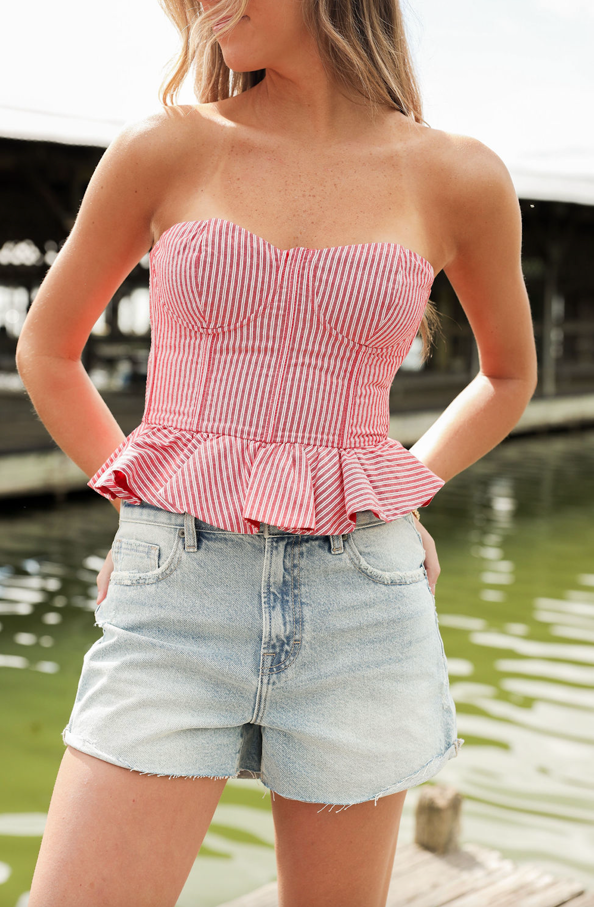 Stripe Strapless Peplum Top Red