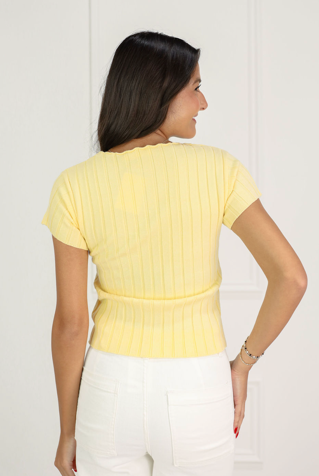 Ribbed S/S Button Top Yellow - Clothe Boutique
