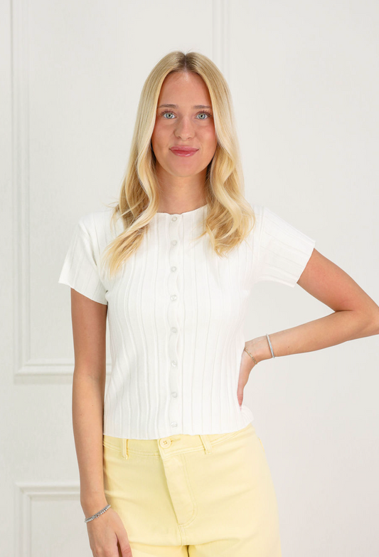 Ribbed S/S Button Top White