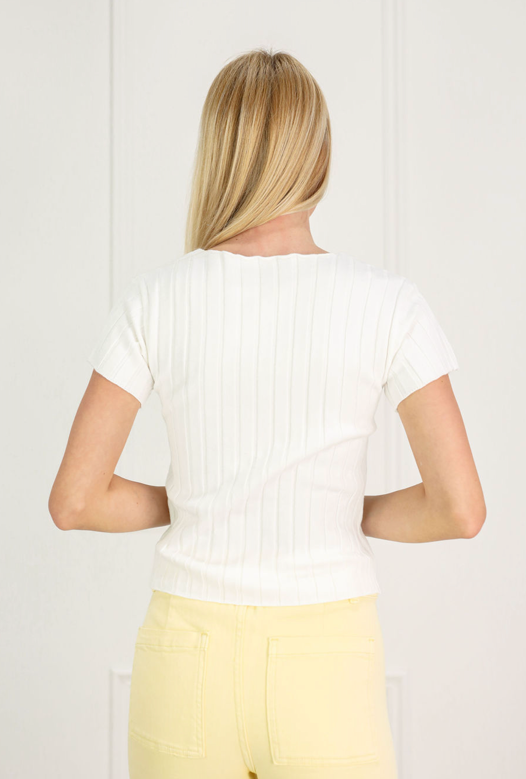 Ribbed S/S Button Top White