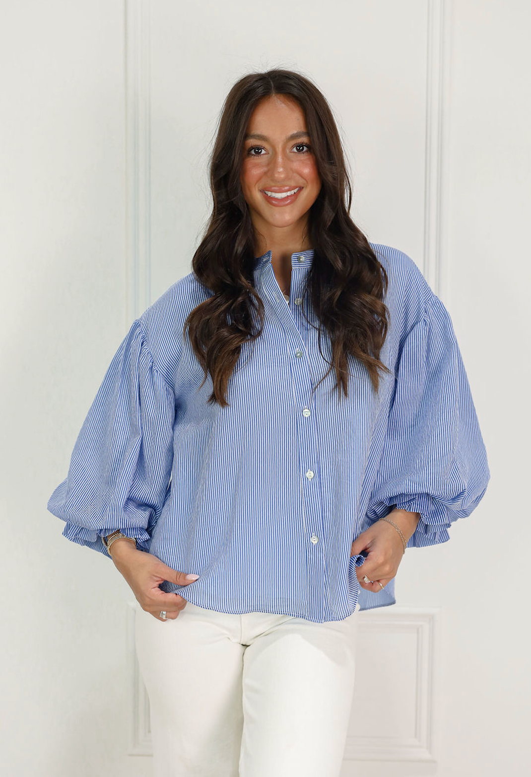 Pinstripe Bubble Sleeve Blouse Blue - Clothe Boutique