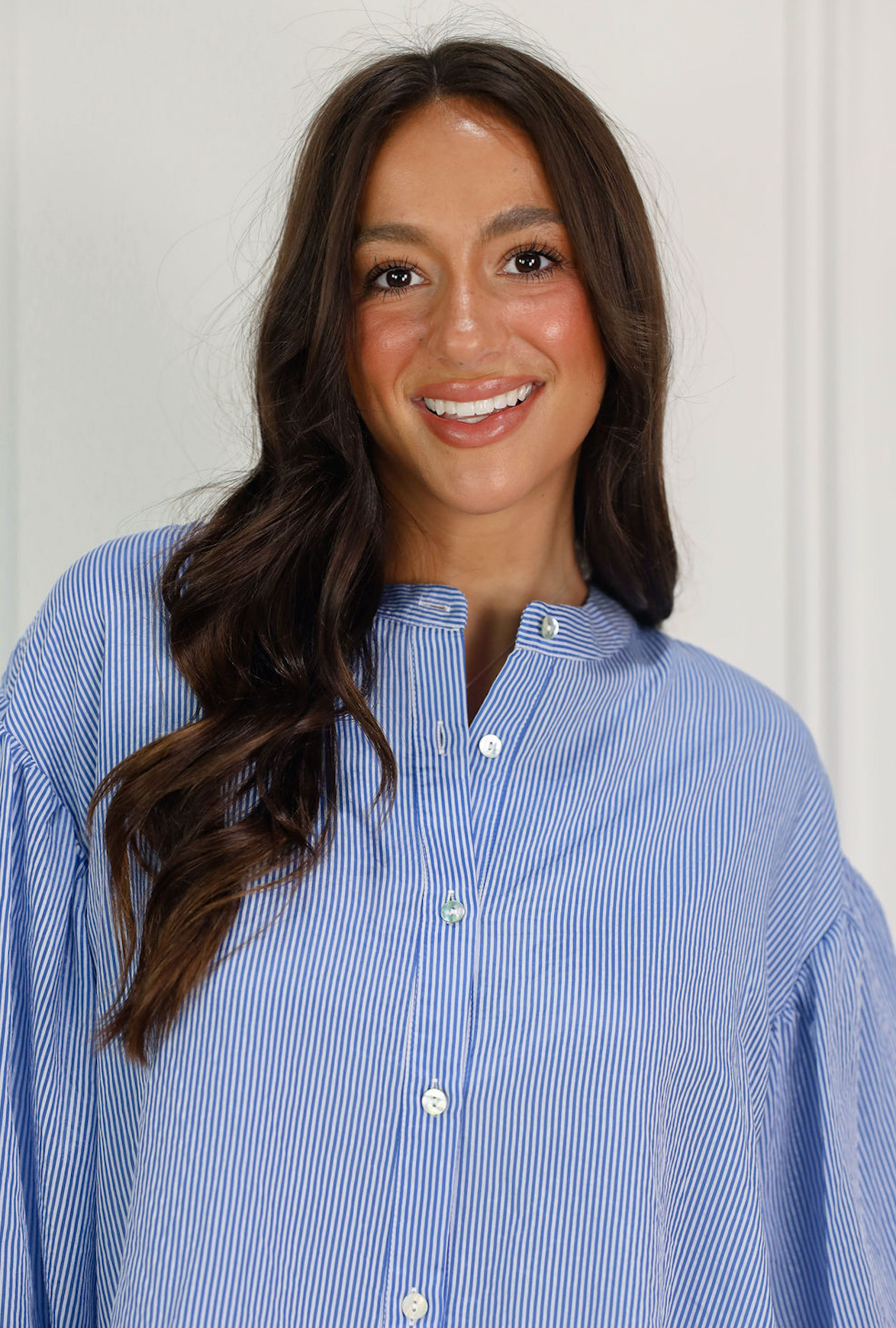 Pinstripe Bubble Sleeve Blouse Blue - Clothe Boutique