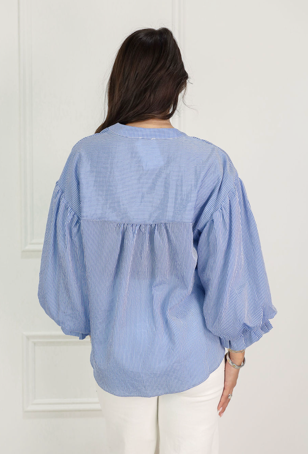 Pinstripe Bubble Sleeve Blouse Blue - Clothe Boutique