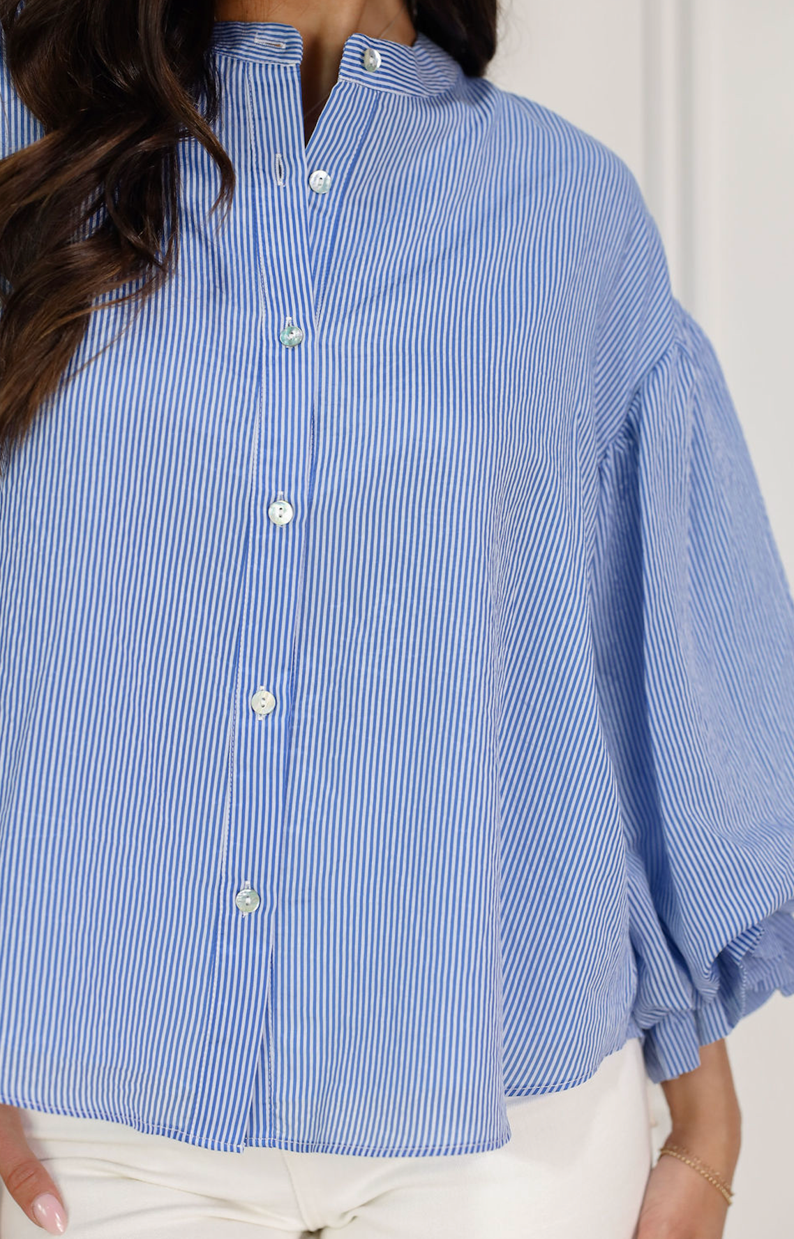 Pinstripe Bubble Sleeve Blouse Blue - Clothe Boutique