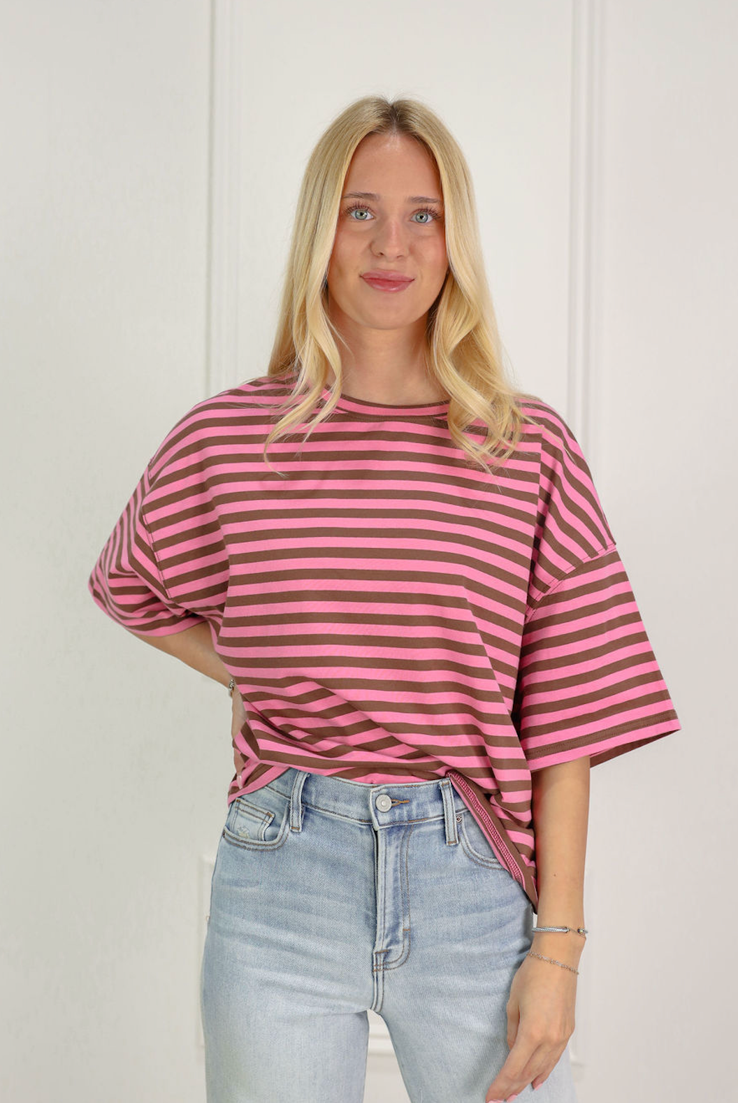 Oversized Boyfriend Stripe Tee Pink/Brown - Clothe Boutique