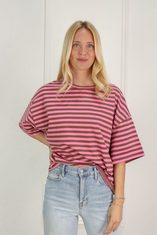 Oversized Boyfriend Stripe Tee Pink/Brown - Clothe Boutique