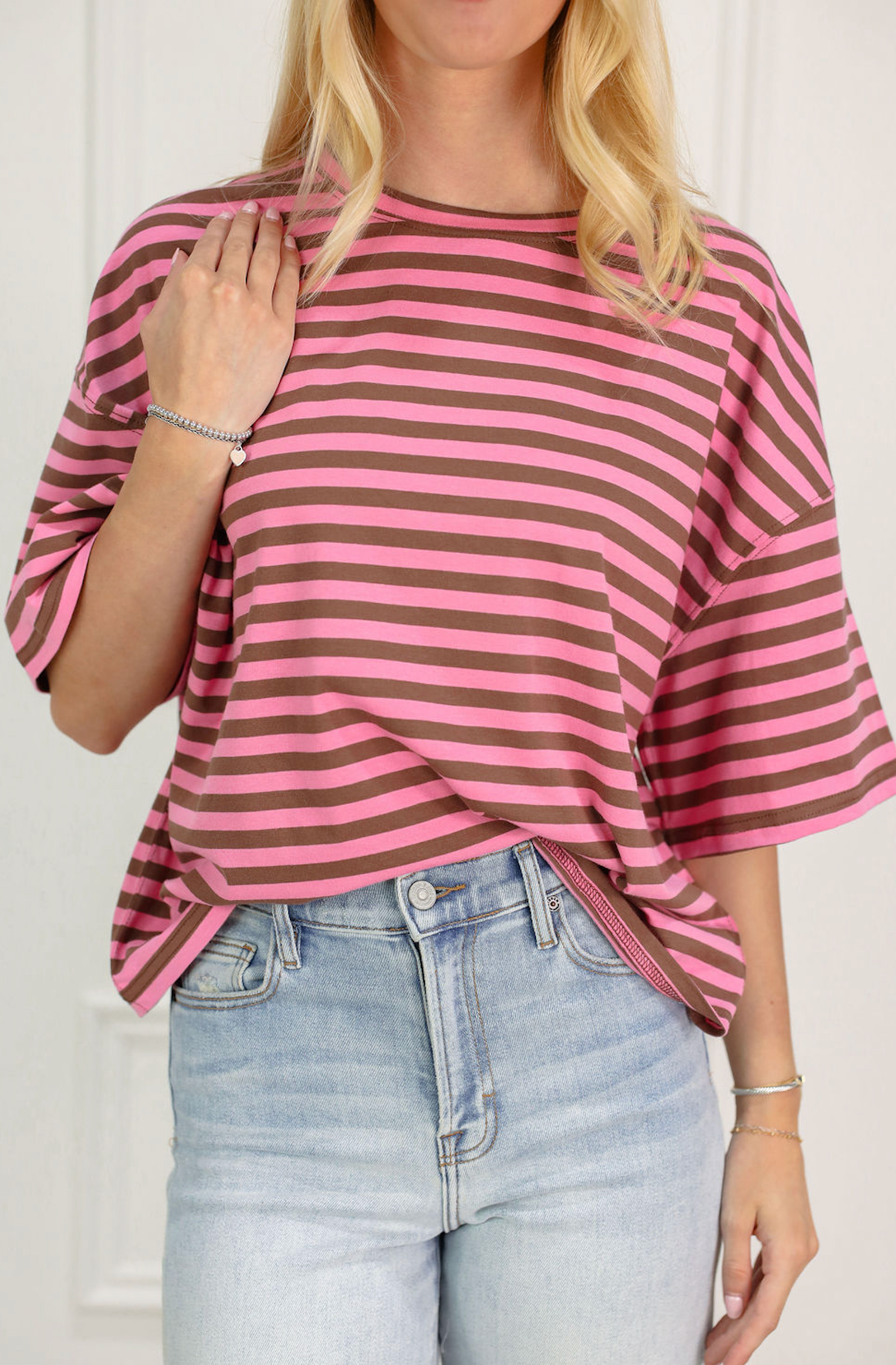 Oversized Boyfriend Stripe Tee Pink/Brown - Clothe Boutique