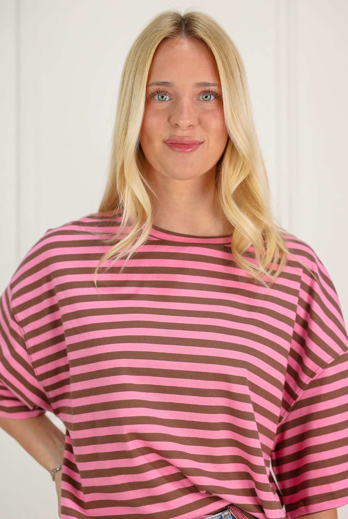 Oversized Boyfriend Stripe Tee Pink/Brown - Clothe Boutique