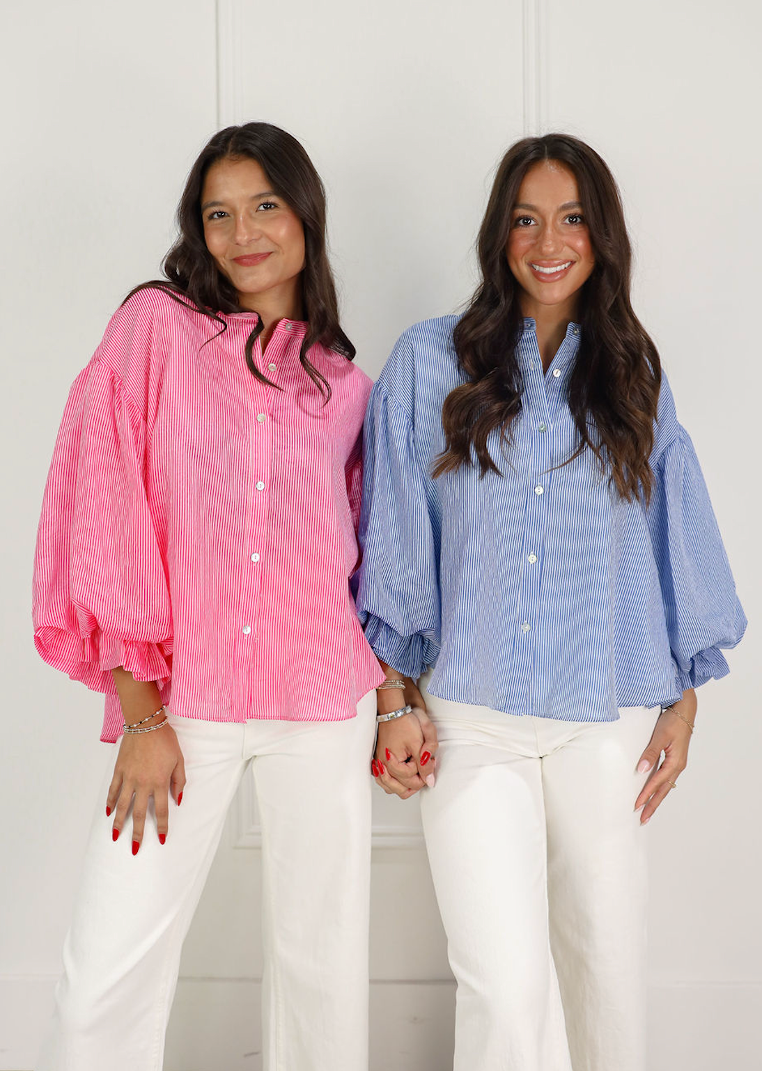 Pinstripe Bubble Sleeve Blouse Blue - Clothe Boutique