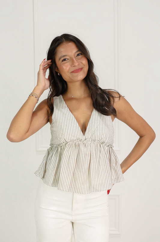 Gingham Peplum V-Top Tan