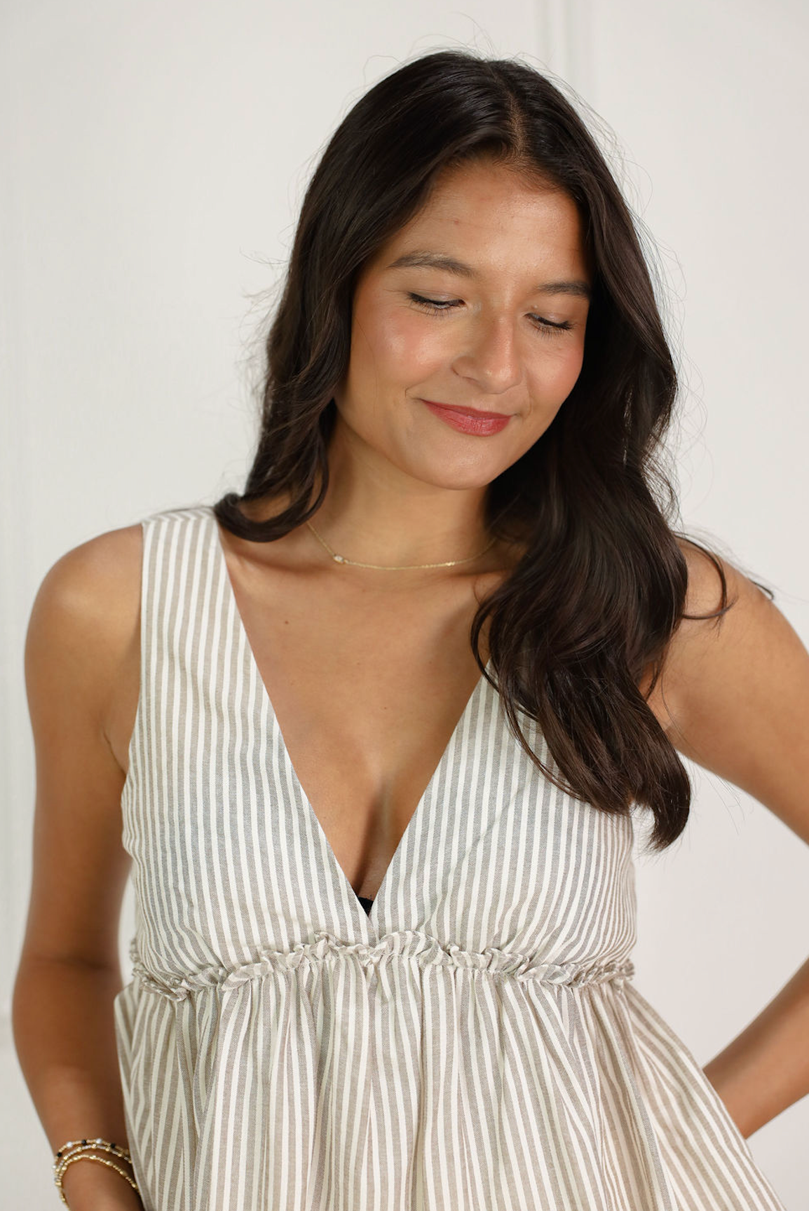 Gingham Peplum V-Top Tan