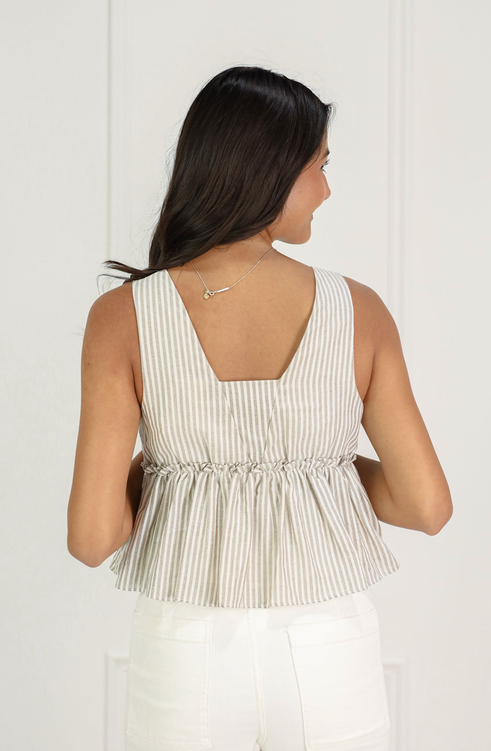 Gingham Peplum V-Top Tan