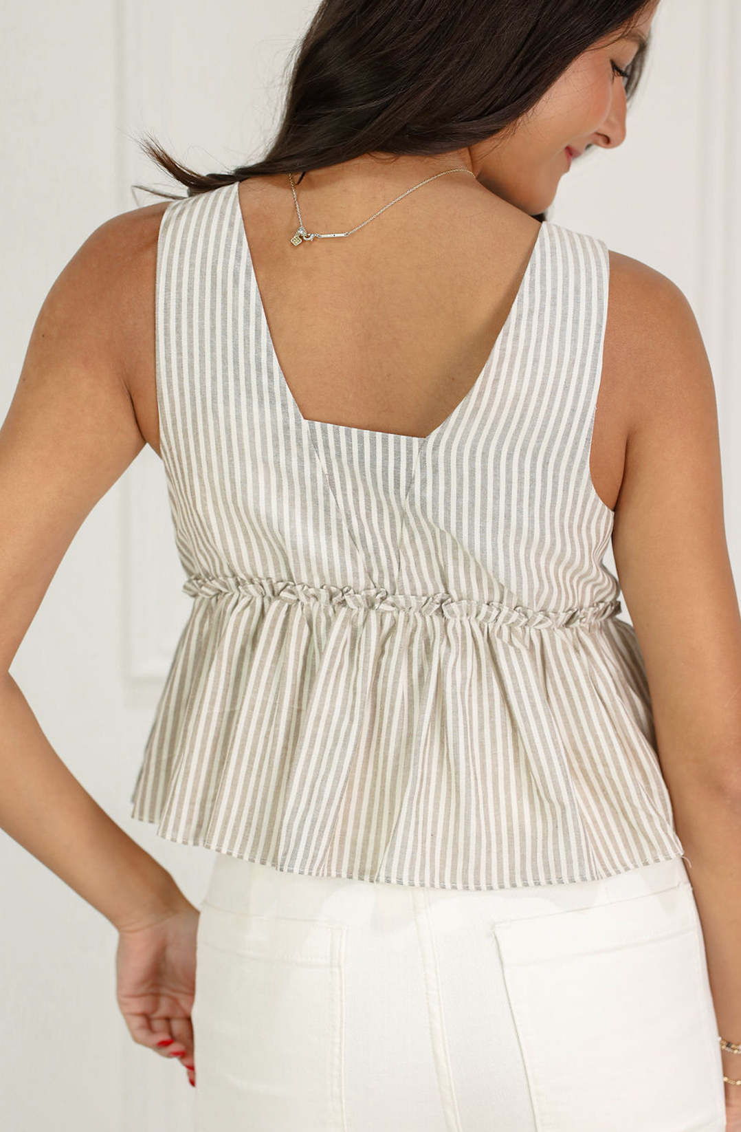 Gingham Peplum V-Top Tan