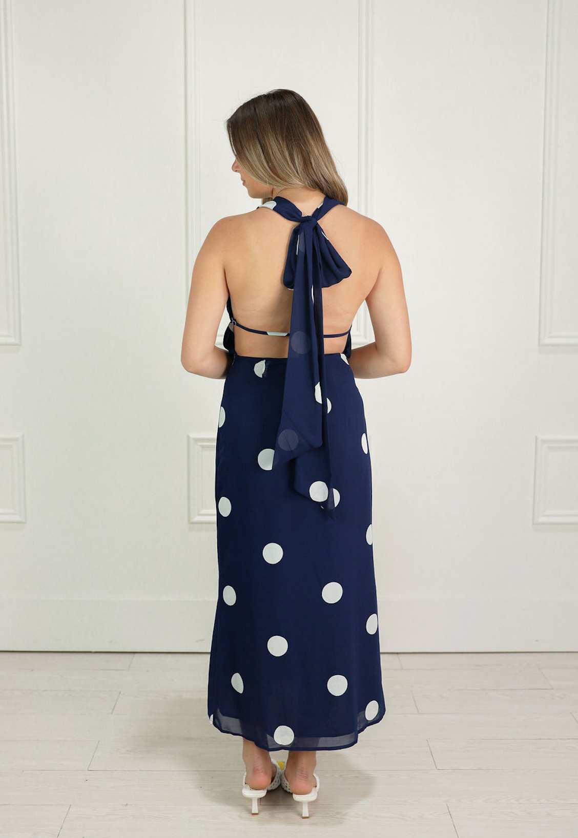 Navy Polka Dot Cowl Midi Dress