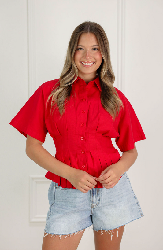 Collared Pleat Shirt Red
