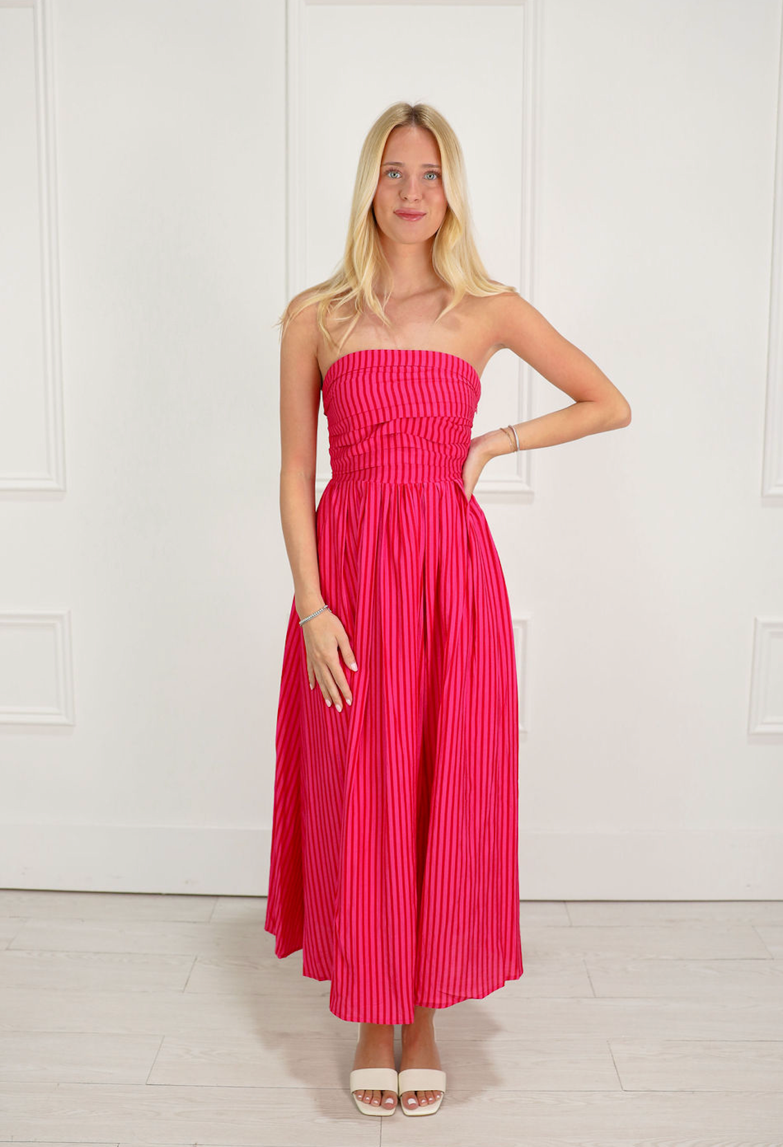 Striped Tube Top Midi Dress Pink