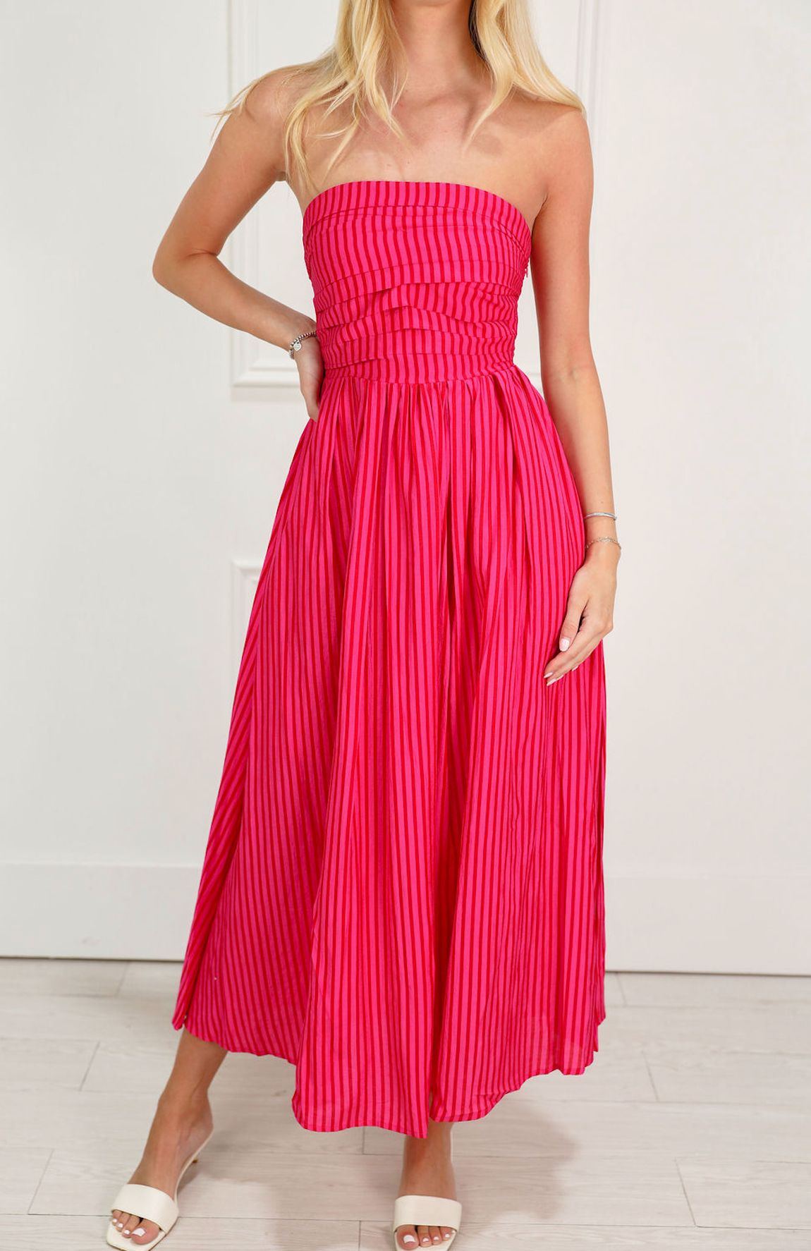 Striped Tube Top Midi Dress Pink